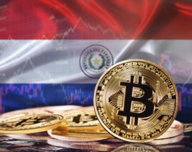 Bitcoin with Paraguay flag in the background. Paraguayan investors in cryptocurrency and Blockchain