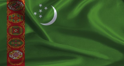 Turkmenistan flag with cloth textured background. National flag of Turkmenistan with realistic