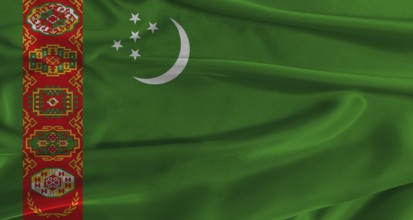 Flag of Turkmenistan with fabric textured background. Close up of National flag of Turkmenistan