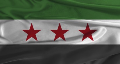 Flag of Syria with fabric textured background. Close up of National flag of Syria with realistic