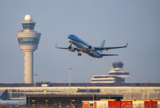 KLM aircraft takes off from Kaagbaan runway, 06/24, at Amsterdam Schiphol Airport, AMS, Air Traffic