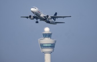 Swiss Airbus A320 aircraft takes off from Kaagbaan runway, 06/24, at Amsterdam Schiphol Airport,