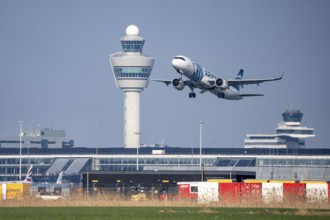 Egyptair Airbus aircraft takes off from Kaagbaan runway, 06/24, at Amsterdam Schiphol Airport, AMS,