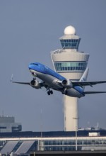 KLM Boeing 737, aircraft taking off from Kaagbaan runway, 06/24, at Amsterdam Schiphol Airport,