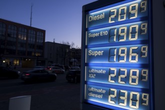 The price table for a gas pump in Bismarckstraße shows prices per liter of over 2 euros in some