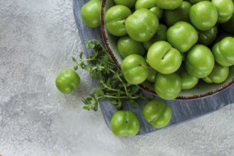 Tkemali, green cherry plum, in a bowl, on a gray table, top view, natural light, no people