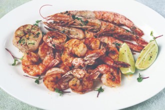 Fried langoustines and tiger shrimps, with spices and herbs, homemade dish, without people