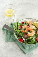 Shrimp salad with arugula and cherry tomatoes, with parmesan cheese, healthy food