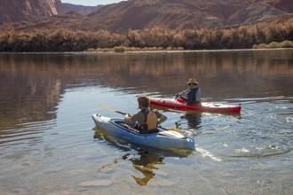 Lee's Ferry, Arizona - Kayakers on the Colorado River at the north end of the Grand Canyon. A ferry