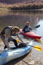 Lee's Ferry, Arizona - Kayakers launch their boats at Lee's Ferry on the Colorado River. A ferry