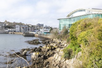 Coastal view to the Barbican and Sutton Harbour, with National Marine Aquarium NMA building,