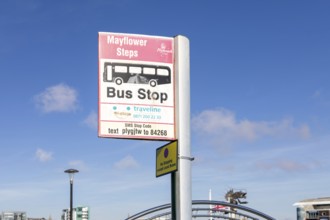 Traveline bus stop sign, Mayflower Steps, Sutton Harbour, the Barbican, Plymouth, Devon, England,
