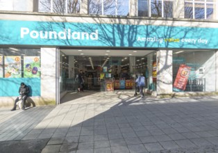 Poundland discount store shop, pedestrianised shopping street, New George Street, city centre of
