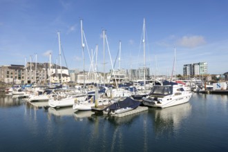 Boats at moorings in marina Sutton Harbour, Barbican. Plymouth, Devon, UK