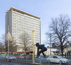 The Messenger sculpture on Royal Parade with behind the Civic Centre building built 1962 Plymouth,