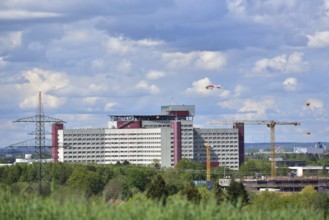 Helicopter approaching the university hospital in Augsburg, Bavaria, Germany