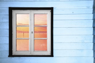 Window at a bus shelter on a steamer dock on Lake Constance, Bavaria, Baden-Württemberg, Germany