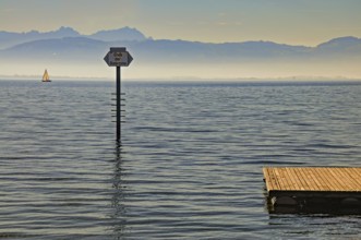 Bathing platform in Lake Constance with the Swiss mountains with the Säntis massif in the