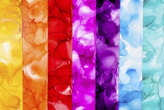 A vibrant abstract art piece featuring vertical stripes of vivid alcohol ink in yellow, orange,