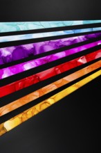 Striking diagonal streaks of vibrant colors inks including blue, purple, pink, red, and yellow