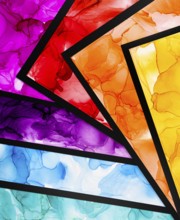 A stunning composition showcases layers of multicolored ink wash art creating a vibrant, abstract