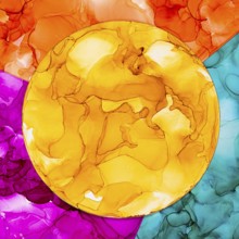 An eye catching abstract art piece showcasing a vibrant circular design on paper. The fluid colors