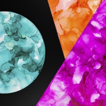 Abstract artwork featuring vibrant teal, orange, and magenta fluid shapes arranged geometrically on