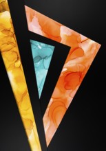 A vibrant abstract design featuring triangular shapes with fluid ink patterns in orange, yellow,