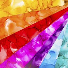 Vibrant abstract artwork featuring layers of colors liquid textures on paper. The overlapping hues