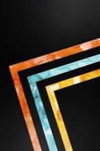 A dynamic geometric abstract artwork featuring overlapping rectangular shapes in bold orange, blue,