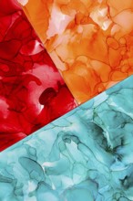 An abstract artwork featuring vibrant red, orange, and blue fluid patterns. The colors inks create