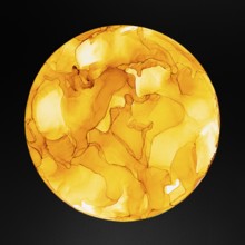 A striking circular design with swirls of orange and yellow on a dark backdrop of paper, creating a