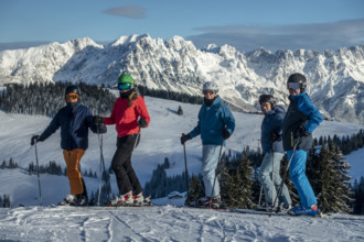 Skier, view from the SkiWelt Wilder Kaiser Brixenthal ski area to the Wilder Kaiser massif, Tyrol,