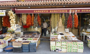 A wide range of dried fruits and spices at a market stand, Konya, Central Anatolia, Turkey