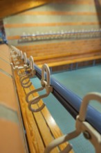 Close-up of a series of hooks in a changing room with blue tiles, Schlehengäu Grund Schule