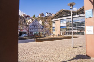 Municipal square with a combination of half-timbered and modern buildings, Calw, Calw district,