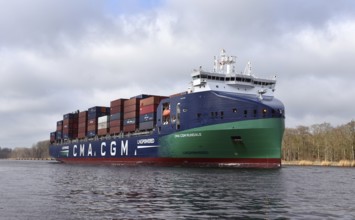 Container ship CMA CGM RUNDALE sails in the Kiel Canal, NOK, Kiel Canal, Kiel Canal,