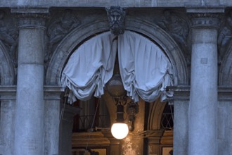 Detail of the arcade of the procurations in the morning, Venice, Veneto, Italy