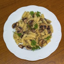 Vegan Italian dish pasta whole grain pasta with mushrooms mushrooms garnished with parsley,