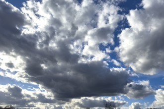 Large gray dark rain layer cloud Bad weather cloud above lighter Cumulus fractus torn frayed shark