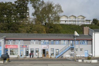 Shops at the city harbor, Sassnitz, Rügen, island, Baltic Sea, Mecklenburg-Western Pomerania,