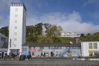 Restaurant and shops at the city harbor, Sassnitz, Rügen, island, Baltic Sea, Mecklenburg-Western