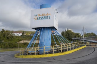 Column with sign Stadthafen Sassnitz, Sassnitz, Rügen, island, Baltic Sea, Mecklenburg-Western