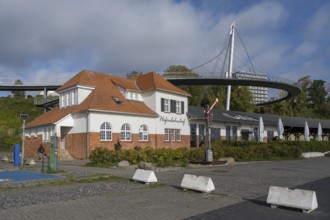 Hafenbahnhof am Stadthafen, in the back the footbridge, Sassnitz, Rügen, island, Baltic Sea,