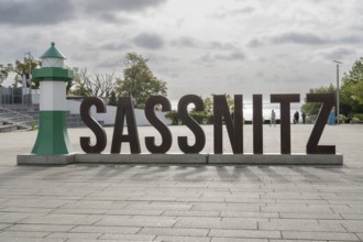 The word Sassnitz, written with capital letters with a replica of the lighthouse, Sassnitz, Rügen,