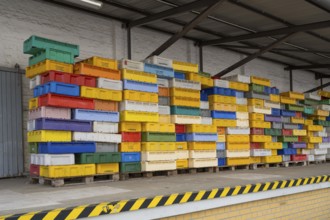 Numerous colored containers are stacked at a warehouse, Sassnitz, Rügen, Insel, Baltic Sea,