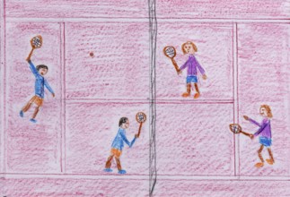 Children's drawing, naive illustration, tennis, tennis game on the tennis court, bird's eye view