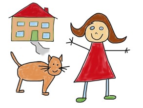 Naive illustration, children's drawing, happy girl with cat, residential building