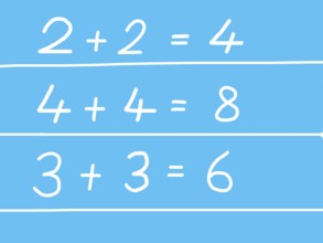 Naive illustration, children's drawing, school, bills on the blackboard