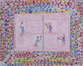 Children's drawing, naive illustration, tennis game in the stadium, bird's eye view